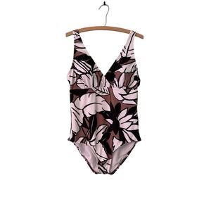 Lands’ End Large Brown Black Floral Stylish One Piece Swimsuit Adjustable Straps